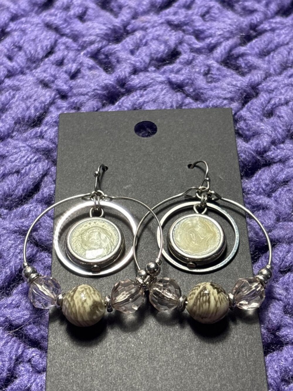Silvertone Circle Beaded Hoop Dangle Earrings Cream Enamel 1.5 inches